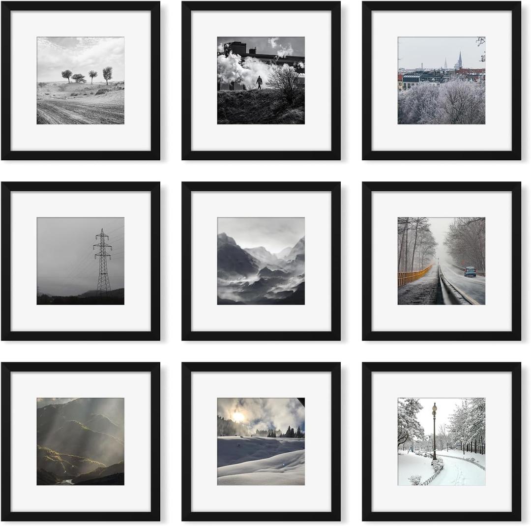 12x12 Picture Frame Set of 9, Photo Gallery Wall Frame Set, Display Pictures 8x8 with Mat or 12 x 12 Without Mat, Square Frame Picture Frames Collage Wall Decor, Black