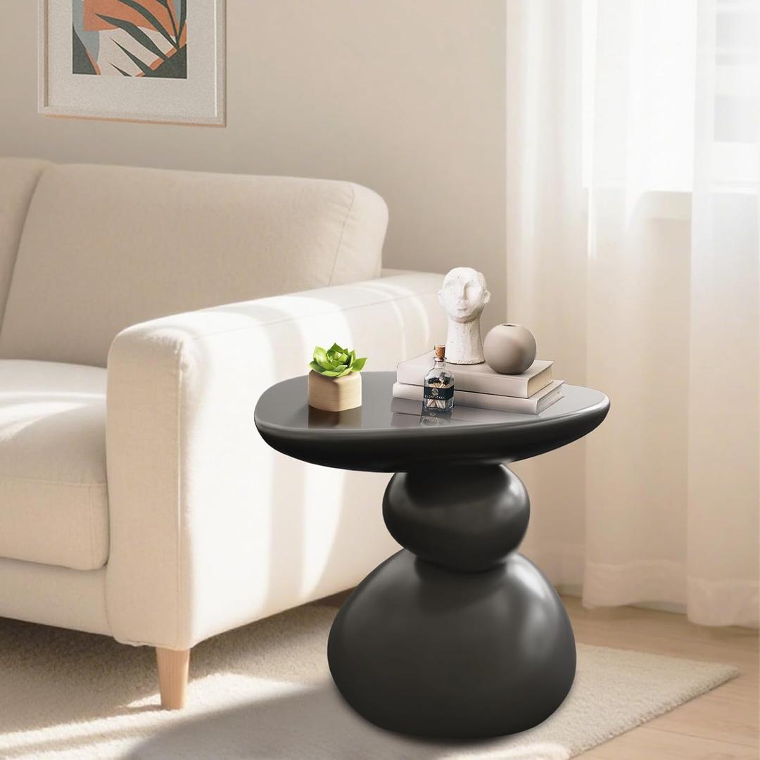 Modern Resin End Table, Irregular Sofa Side Table for Indoor and Outdoor, Round Stone-Inspired Shaped Small Coffee Table for Living Room, Bedroom, Balcony, Garden, Yard, Store (Black), 15.74 inches x 11.81 inches x 17 inches