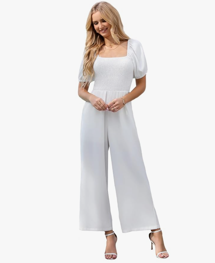 Love Welove Fashion Jumpsuits for Women Dressy Short Sleeve Smocked High Waist Wide Leg Pants Loose Romper Outfits M