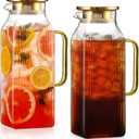 2 Pack 2 Liter/68 oz Square Glass Pitcher with Lid, Classic Stripes Water Pitchers with Handle for Fridge, Large Jug for Iced Tea, Coffee, Borosilicate Glass Carafe for Hot/Cold Brew Drink, Gold
