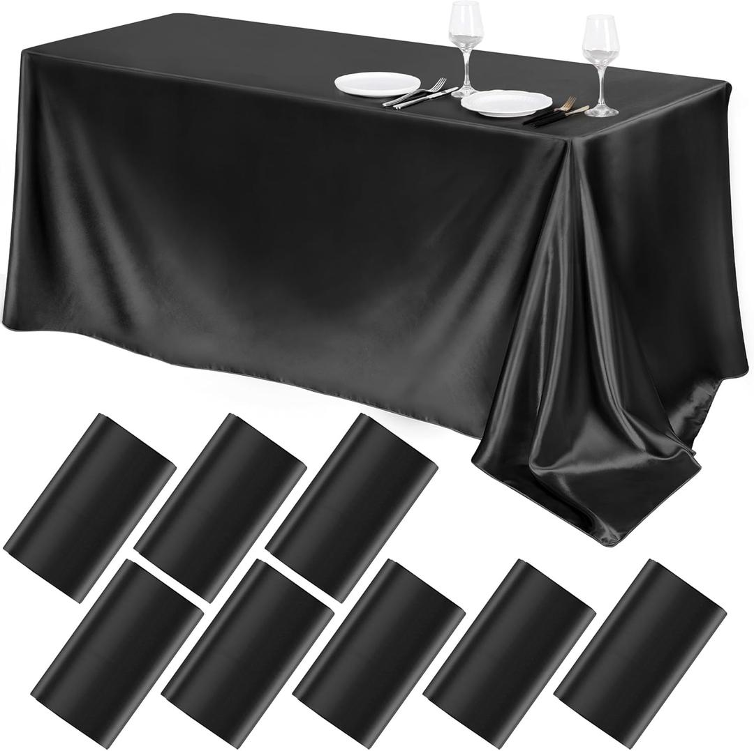 TURSTIN 8 Packs Black Satin Tablecloth 102 x 58 Inch Overlay Satin Table Cover Rectangle Bright Silk Tablecloth Smooth Fabric Table Decoration for Wedding Banquet Party Events