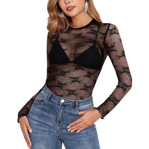 YYA Sparkly Mesh Top for Women Long Sleeve Round Neck Mesh Shirt Sheer Shiny Top Solid Floral Tee Shirts S (Black Lace)