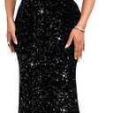 Women Sexy Sequin Off Shoulder Ruffle Short Sleeve Bodycon Mermaid Party Formal Evening Maxi Dress (XX-Large, Black)