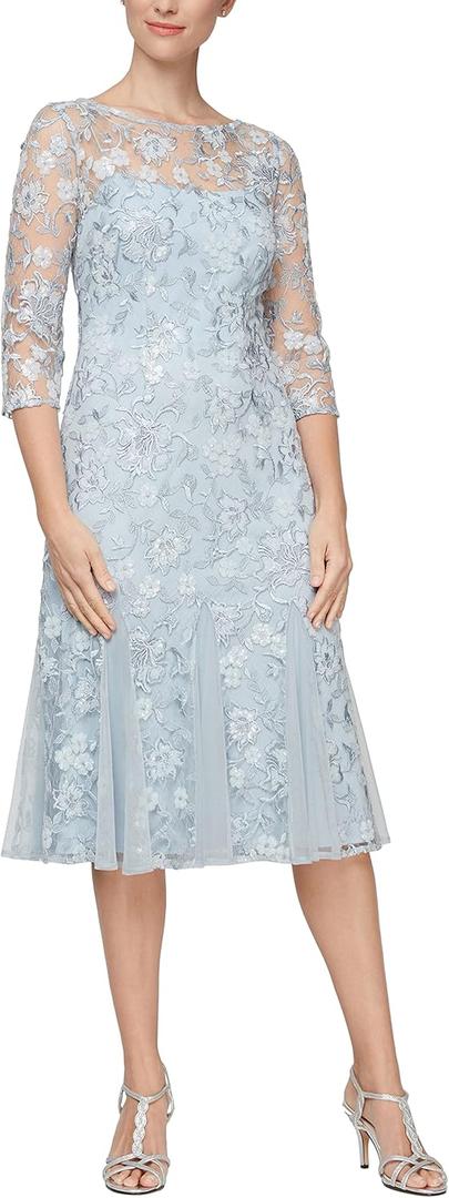 Alex Evenings Women's Tea Length Embroidered Dress Illusion Sleeves Missy, Light Blue Petite, 6P