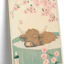 Japanese Bathroom Canvas Wall Art Funny Highland Cow in Bathtub Wall Decor Paintings Vintage Cute Cattle Humorous Animal Prints Aesthetic Pictures for Restroom Toilet Decoration 16x24 Inch Framed