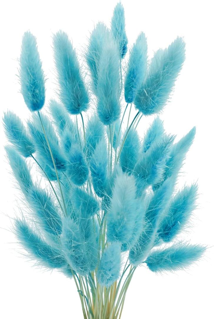 Uieke 17’’ Natural Bunny Tails Dried Flowers, 50 Pcs Dried Lagurus Ovatus, Dried Foxtail Grass for Flower Arrangements Wedding Centerpieces Home Boho Baby Shower Party Decorations (Blue)