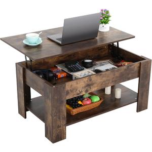 PIKAQTOP Wooden Lift Top Coffee Table with Hidden Compartment and Storage Shelf - Versatile and Stylish Rectangle Table for Living Room (Brown)