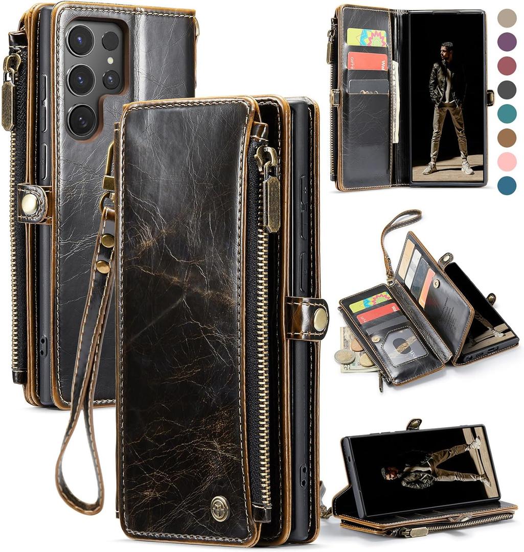 Defencase for Galaxy S25 Ultra Case Wallet with RFID Blocking Card Holder for Women Men, PU Leather Magnetic Snap Flip Wrist Strap Zipper Wallet Phone Cases for Samsung Galaxy S25 Ultra 6.9", Coffee