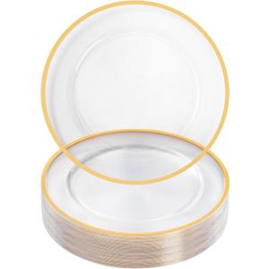 Goodluck 25 Pack Reusable Plastic Clear Charger Plates with Gold Rim, 12-Inch, for Dinner, Wedding, Party, Event Table Decoration, Clear&Gold