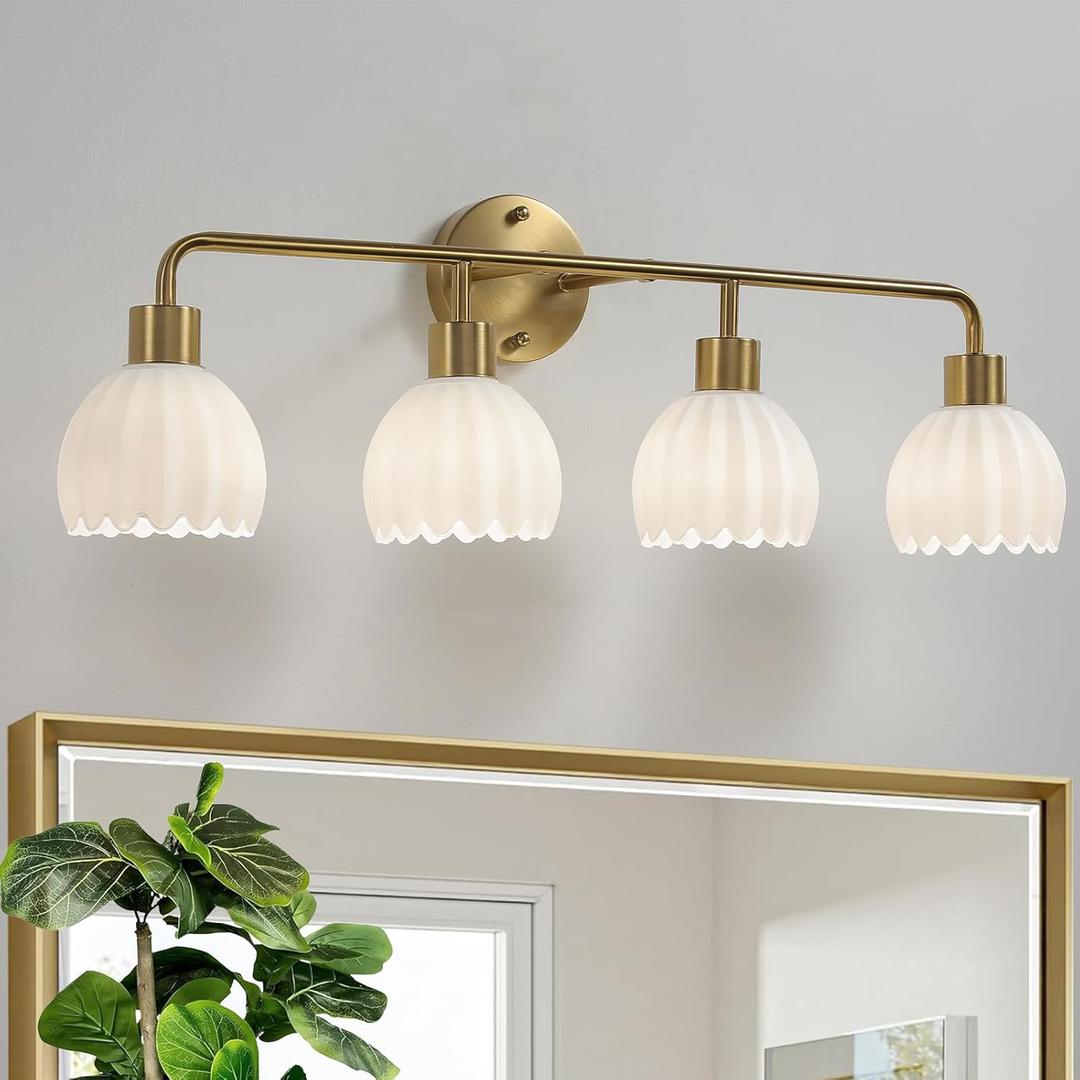 Brushed Gold 4-Light Vanlity Light Over Mirror,Wall Sconces,Gold Brass Bathroom Light Fixture with Milk White Glass Flower Shade,E26(Bulbs Not Included)