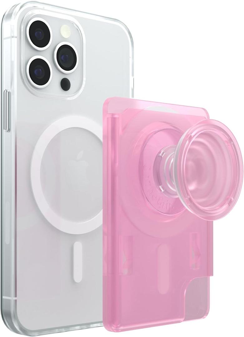 Multi Functional Magnetic Phone Wallet with Expanding Phone Grip Kickstand Compatible with Magsafe Including Adapter Ring Phone Card Holder (Pink)