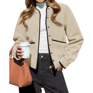 Cicy Bell Womens Button Down Bomber Jackets Puff Sleeve Cropped Pea Coats Casual Fall Color Block Outerwear (Medium, Beige)