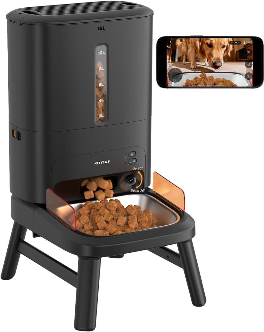 Automatic Dog Feeder for Large Breed with Camera - 15L/ 64 Cups Anti-Clog 5G WiFi Dog Food Dispenser for 2-23mm Kibble, Elevated Stand, Large Food Tray, 1080P HD Video with Night Vision, Keeps Fresh