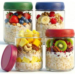 16 OZ 4Pack, Overnight Oats Jars with Lids, Glass Meal Prep Containers, Airtight Mason Jars for Breakfast, Yogurt Parfait, Salad & Smoothies, Leakproof and Reusable Food Storage Jars(4-1)
