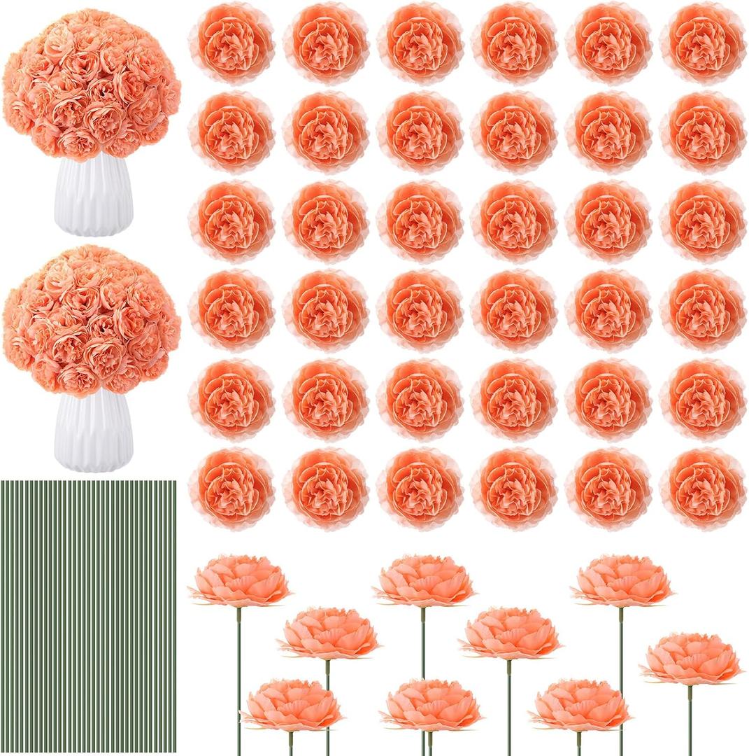 Thiccywoov 200 Pcs Flowers Long Stem Artificial Rose Bulk, 3.2 Inches Silk Rose Head Flowers Faux for Wedding Bridal Bouquet Independence Day Home Floral DIY Centerpieces Party Decoration(Peach)