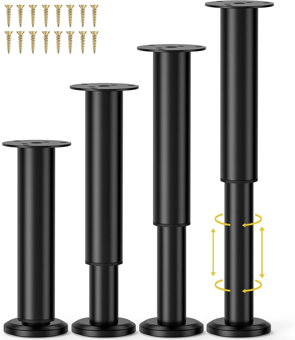 Wlrrcwdttc 4 Pcs Adjustable Bed Center Support Legs 7.08-12.2 inch for Bed Frame/Bed Center Slat, Metal Adjustable Furniture Legs for Bed/Cabinet/Sofa/Dresser/Couch/Table, Heavy Bed Legs Replacement (Black)