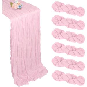 6 Pack Pink Valentine's Day Table Runner 10ft Boho Gauze Fabric Cheesecloth Table Runner 35 x 120 Inch Rustic Sheer Runner for Romantic Wedding Centerpiece Decor Baby Shower Party Table Decoration