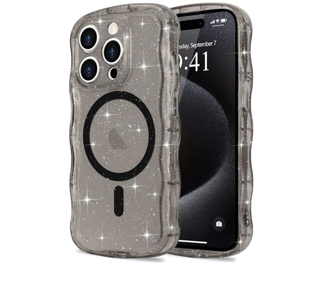 Magnetic for iPhone 15 Pro Max Case Clear, Sparkly Bling Glitter Cute Curly Wave Cover for Women Men Compatible with MagSafe TPU Shockproof Protective Phone Case for iPhone 15 Pro Max, Black 