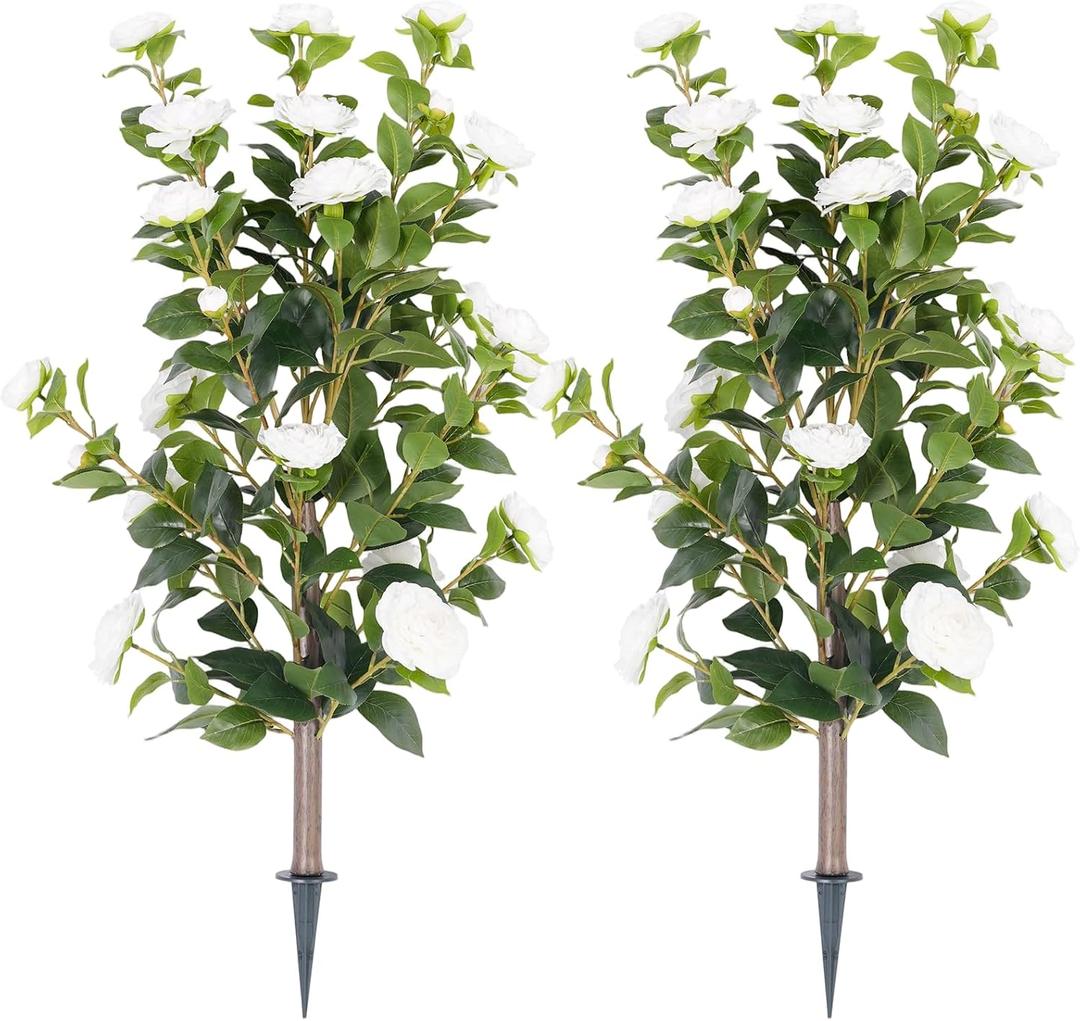 2-Pack 3FT White Artificial Camellia Bushes, UV Resistant Lifelike Faux Flowers with Ground Spike, Zero Care Fake Floral Stems for Indoor Outdoor Patio Porch Decoration