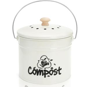 Small Kitchen Compost Bin, 1 Gallon Odorless Composter Container, Food Waste Bucket with Charcoal Filter Lid, Indoor Farmhouse Composting Pail Canister for Trash Scraps, Carrying Handle