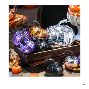 Lenwen 12 Pcs Artificial Disco Pumpkin Glitter Mirror Pumpkin for Decorating Fall Farmhouse Hanging Ornament Harvest Decor for Halloween Thanksgiving Table Centerpiece(Orange, Sliver, Black, Purple)