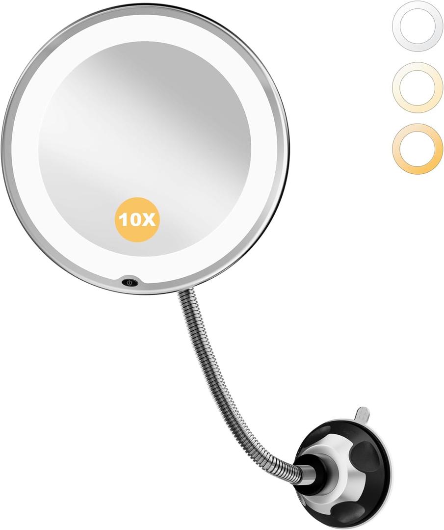 Brightown 10x Makeup Mirror with Lights and Magnification,Flexible Gooseneck Magnifying Mirror with 3 Lighting and Adjustable Brightness,Battery Operated with Suction Cup for Bathroom Bedroom, Black