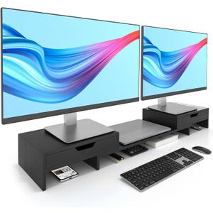 Dual Monitor Riser with Two Drawers for Desk, Bamboo Monitor Stand Riser with Storage, Desk Shelf for Computer, IMac & Laptop, No Assembly Required, Black