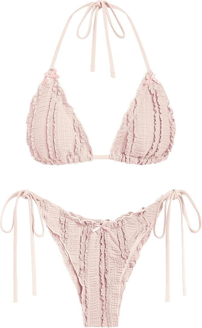 ZAFUL Women's Sexy Halter Bikini Sets Ditsy Floral Print Color Block Triangle Thong Bikini Swimsuit Two Piece Bathing Suits (Medium, 4-light Pink)