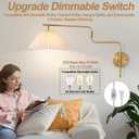 Gold Swing Arm Wall Sconce Set of 2,Plug in Wall Sconces with White Pleated Fabric Shade,Hardwired Wall Light Fixtures with Dimmable Switch for Bedroom Bedside, Living Room, House Reading