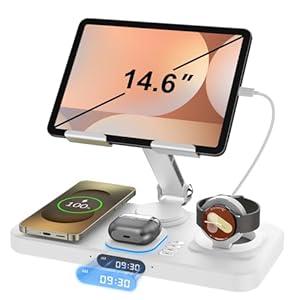 30W Wireless Charger for Samsung/Android Mag-Safe Charging Station with Clock/Light for Samsung S25/S24/S23 Ultra/Buds,for iPad/Tablet Foldable Stand, Watch Charger Only for Galaxy Watch 8/7/6/5,Pearl