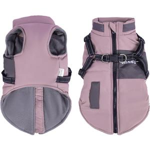 Dog Coat with Harness Built in,Waterproof Dog Jacket,Pet Harness Vest with Fleece Lining,Small Puppy Clothes Reflective Waterproof for Cold Weather-Purple-Large