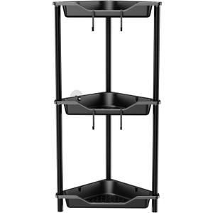 Orimade Rustproof 3 Tier Floor Standing Corner Shower Caddy Organizer, Plastic Metal Splicing Floor Corner Shelf Rack Stands for Bathroom, Black