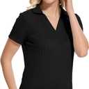 YuKaiChen Women's Polo Shirts Casual Summer Collared Tops Short Sleeve Knit Tops V Neck (Medium, Black)