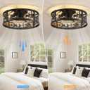 Farmhouse Rustic Caged Ceiling Fan with Light Flush Mount, Black Chandelier Low Profile Ceiling Fans with Lights and Remote, Bear and Deer Design Fandelier for Bedroom, Living Room, Kids Room, Cabin