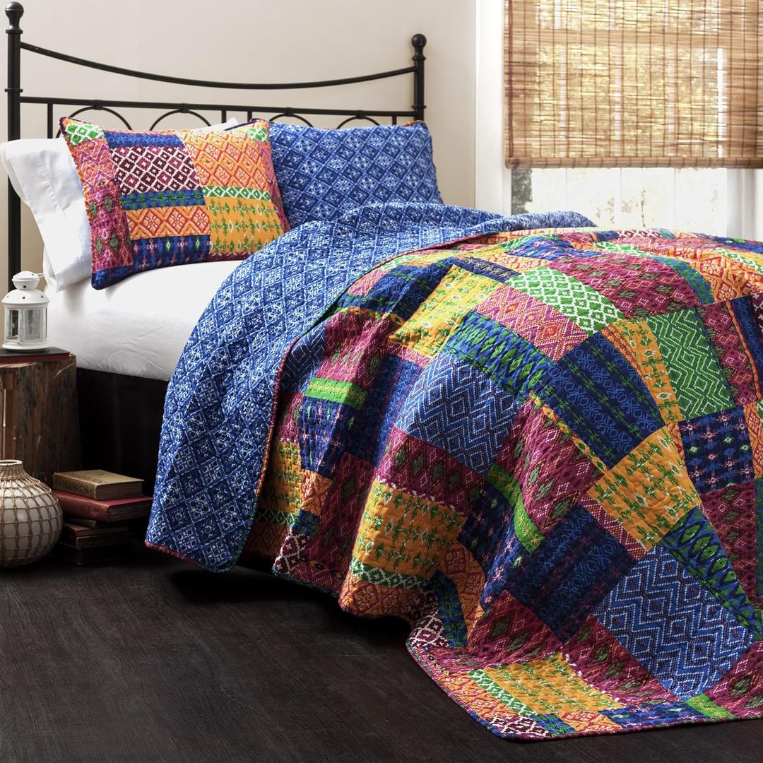 Lush Decor Misha Reversible Cotton Quilt King Size 3 Piece Set Fuchsia & Navy - King Bedding Set - Colorful Patchwork Quilt - Boho Bedroom Decor