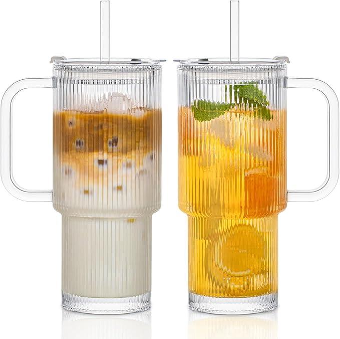 INSETLAN 24oz Ribbed Glass Tumbler with Handle & Lid – 1-Pack Large Iced Coffee Cups with Straws, Modern Glass Mug for Cold & Hot Beverages, Aesthetic Travel Cup for Smoothies, Tea, and Juice