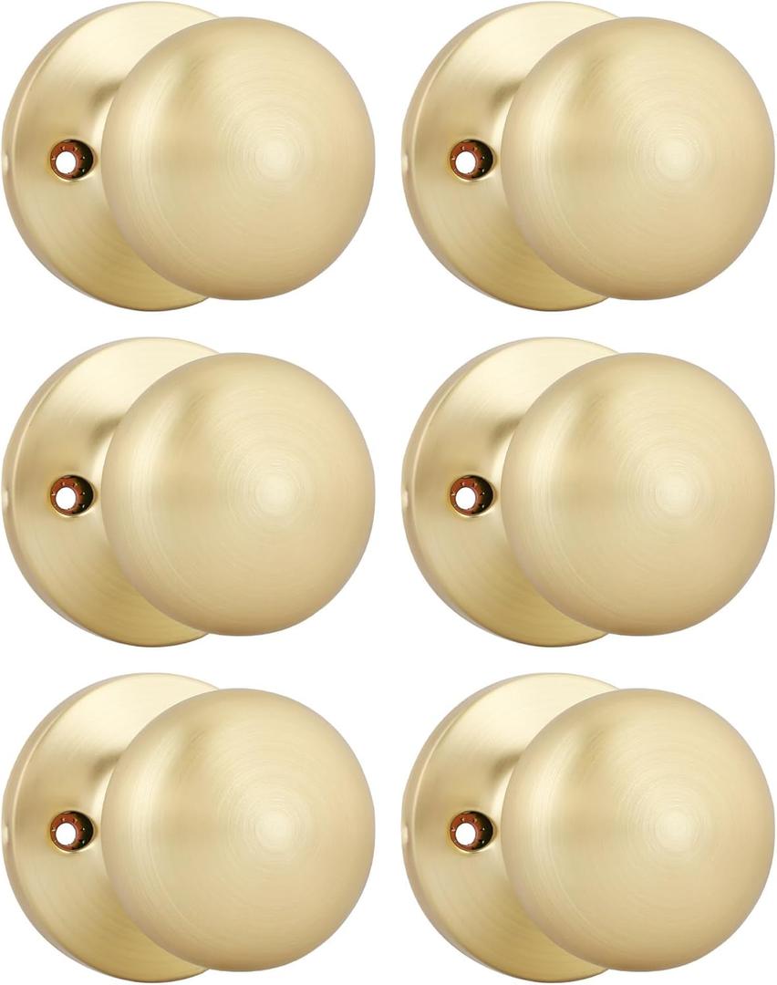 Goldenwarm Gold Closet Door Knobs, Handle Function Non-Locking Dummy Door Knob, Brushed Gold Individual Dummy Door Knob Single Side for Closets, French Double Doors, and Pantry(6 Pieces)