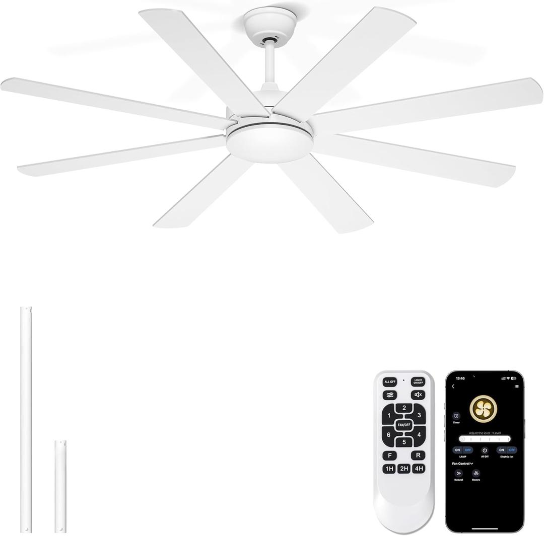 60 Inch Ceiling Fans Without Lights - 8 Blades White Ceiling Fan Remote/APP Control, Reversible Garage Ceiling Fan for Shop Living Rooms