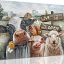 Funny Farm Animals Canvas Wall Art Rustic Farmhouse Poster Print Picture Cute Cow Sheep Pig Chicken Barn Country Sign Painting Artwork Wall Decor for Dining Room Bedroom Kitchen 16x24in Framed