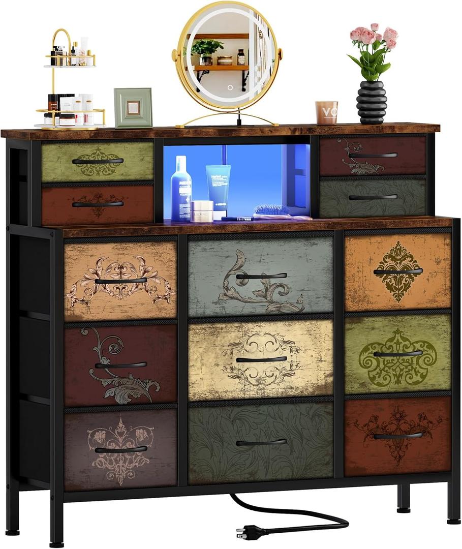 Dresser for Bedroom with 13 Drawers 2 Open Shelves, Fabric Storage Dresser, Chest of Drawers, Pattern Organizer for Closet, Bedside, Living Room, Entryway, Hallway