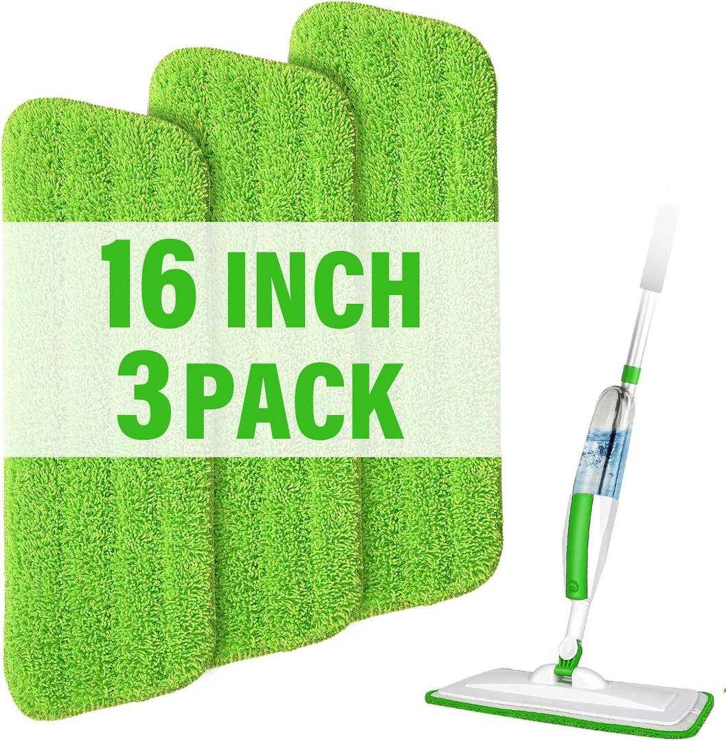 16.5 inch Mop Pads Refills, 3 Pack Microfiber Reusable Replacement Mop Pads Flat Replacements Heads for Wet Or Dry Floor Cleaning and Scrubbing, Green Cloth 