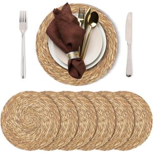 Set of 6 Round Woven Placemats - 12 Inch Natural Boho Rattan Wicker Table Mats for Home Dining Table