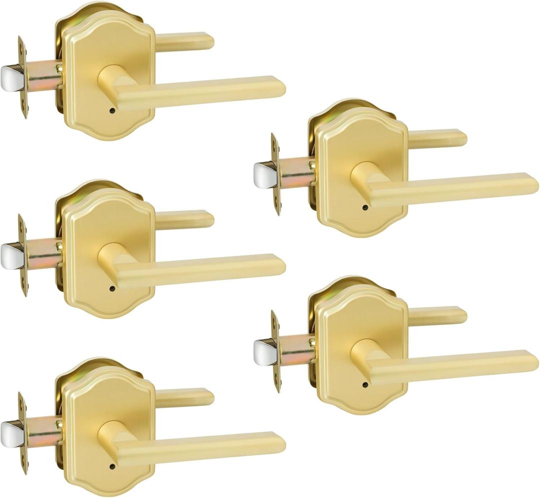 goldenwarm Gold Door Handles Interior, Classic Zinc Alloy Brushed Brass Privacy Door Handles, Brushed Gold Door Lever for Bedroom, Bathroom (5 Pack)