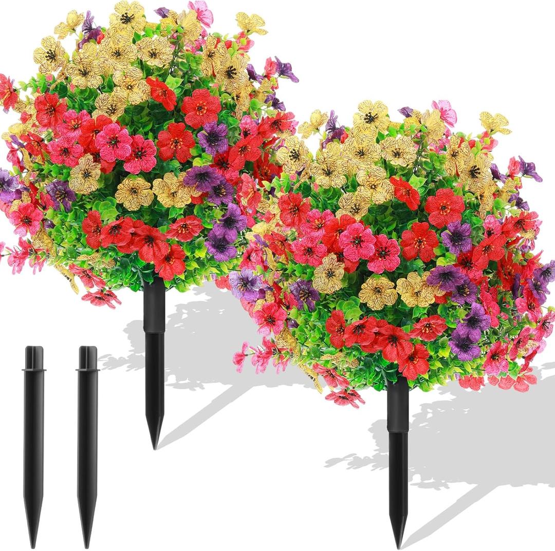 Hotop 2 Pack 22" Artificial Boxwood Ball Topiary Flower Trees with Ground Spike, UV Resistant Weatherproof Faux Floral Shrubs for Outdoor Garden Patio Porch Indoor Home Decor(4 Colors)