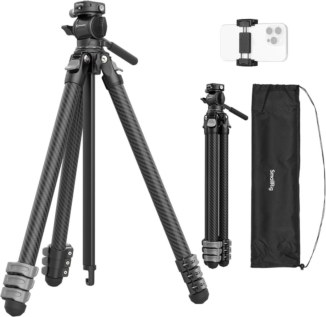 SmallRig Portable Travel Video Tripod, Carbon Fiber Compact Tripod for Outdoor Photography, 5kg Load, Fluid Head with 360° Pan and -70° to 90° Tilt, 180° Reversible Center Column