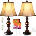 Touch Control Traditional Table Lamp Set of 2, Vintage Bedside Lamps with Dual USB Charging Ports, 3-Way Dimmable Bronze Finish Desk Lamps with Bell Shape Faux Silk Shade for Living Room, Bedroom (Bronze(Warm White Bulbs))