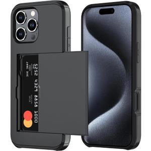 Qinmay Compatible with iPhone 15 Pro Max Case with Card Holder, Dual Layer Shockproof,Heavy Duty Protective Hidden Slot Slim Wallet Phone CoverBlack