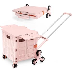 Foldable Utility Cart Portable Crate Rolling Dolly with Telescopic Handle,Can be Pulled diagonally, Magnetic Retractable Lid, 360Swivel Climbing Wheels for Shopping Carrying Groceries Move Pink