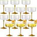 12 PCS Ribbed Coupe Glasses with Gold Stem Clear Plastic Champagne Coupe Cup 10oz Detachable Gold Rim Espresso Martini Glass Vintage Margarita Glassware Cocktail Glass for Christmas, Clear
