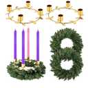 Acellegic 2 Pcs Christmas Advent Wreath Candle Holder Norfolk Pine Needle Wreath with 2 Gold Ring Candle Holder for Table Centerpiece Decoration Church Home Winter Holidays